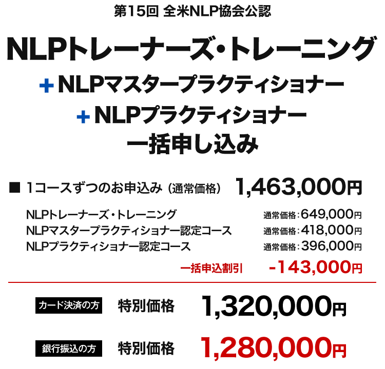 NLPトレーナーズ・トレーニング+NLPプラ＋NLPマスター一括