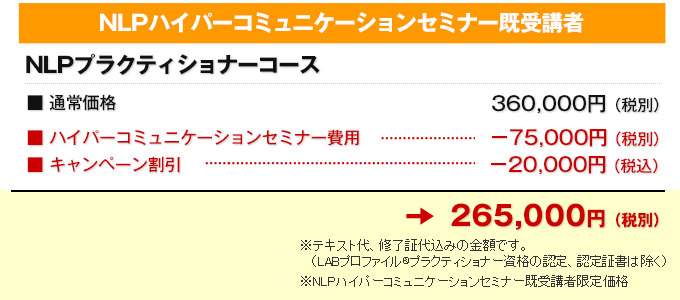 NLPハイパーコミュニケーションセミナー既受講者限定 NLPプラクティショナー認定コース割引