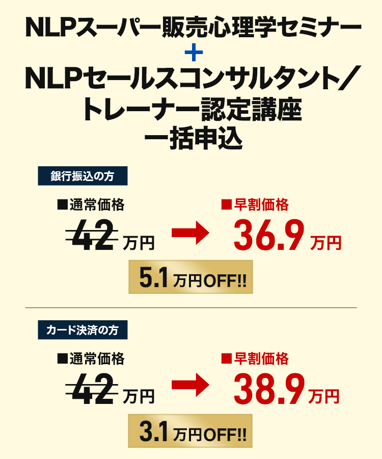 NLPセールスコンサルタント／トレーナー認定講座＋スーパー販売心理学セミナー 同時申込 早割価格