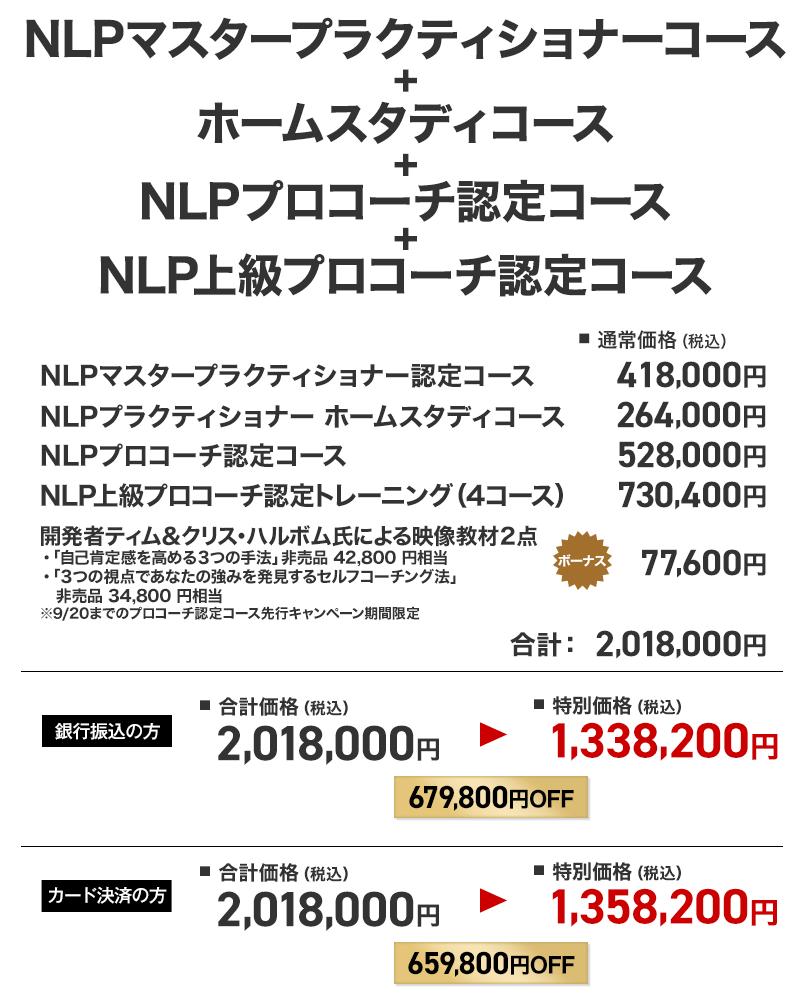 NLPマスター+コーチング+上級コーチング4コース+ホームスタディセット