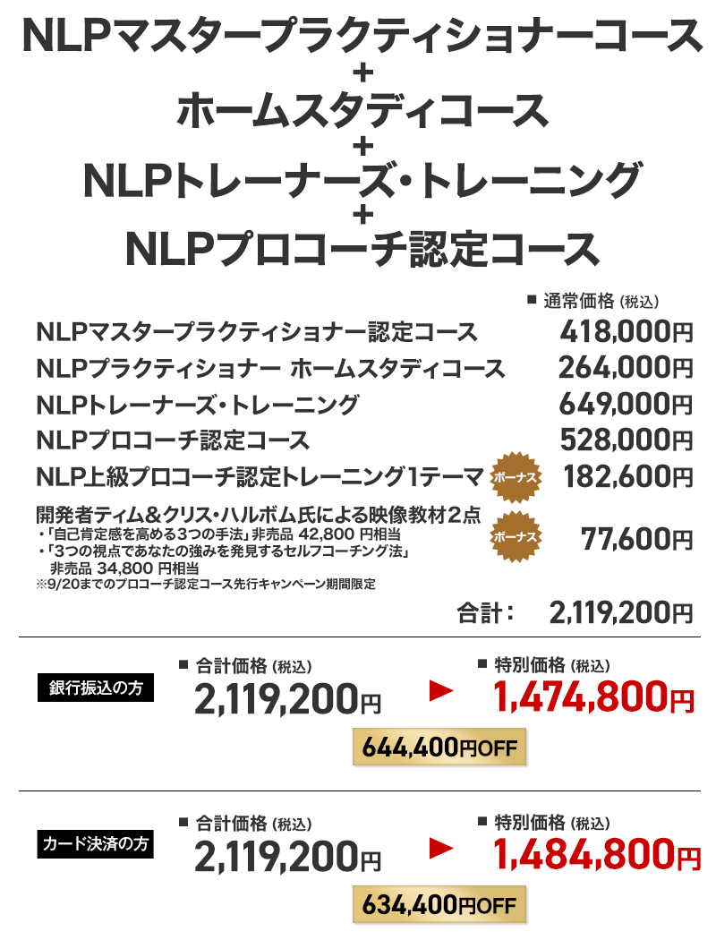 NLPマスター+NLPトレーナーズ・トレーニング+コーチング+ホームスタディセット